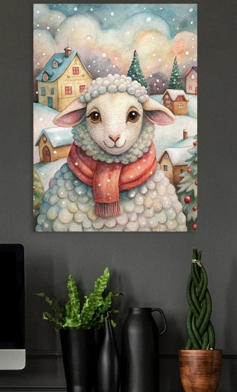 Winter Sheep in Snowy Village — metal poster wall art by Lineer